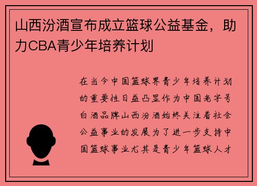 山西汾酒宣布成立篮球公益基金，助力CBA青少年培养计划