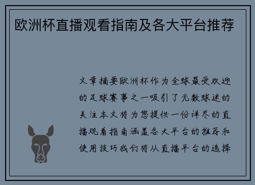 欧洲杯直播观看指南及各大平台推荐
